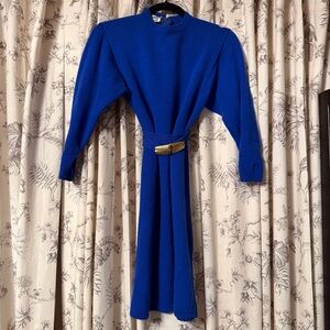 St. John Marie Gray Cobalt Blue Dress with Gold Accent Belt Vintage